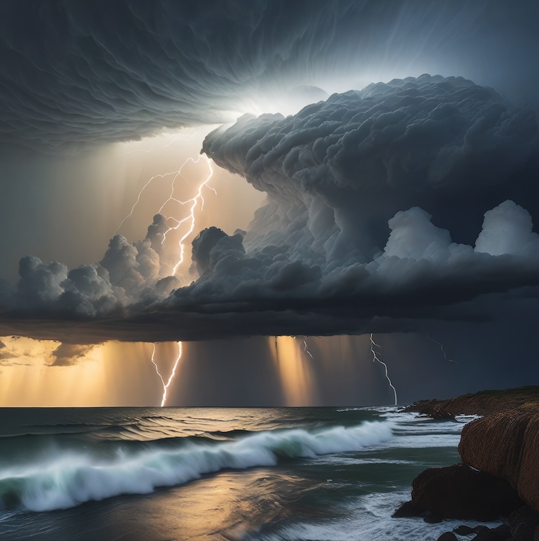 Firefly zobraz fotografii silné bouře nad oceánem s výraznými blesky a paprsky slunce nad obzorem 92