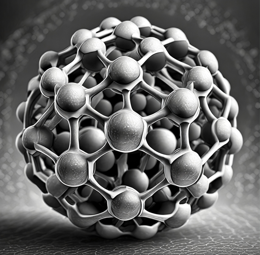 Firefly vystínovaný obrázek v odstínech šedé detailní subatomární 3D struktury třech fulerenu C 90 6